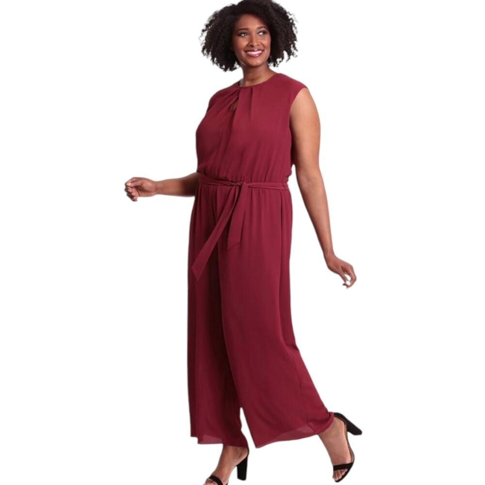 London Times Women's Pleat Neck Rhododendron Wide Leg Jumpsuit Plus Size 22W New